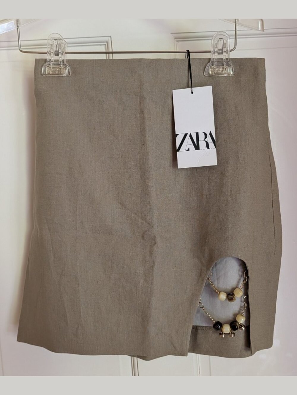 NWT Zara XS Taupe Natural Linen Blend High Waist Mini Skirt Front Slit MSRP $50